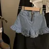 Conjuntos de roupas menina 2024 verão coreano preto fino malha menina conjunto grande arco malha colete moda jeans shorts de duas peças