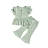 Kläduppsättningar Småbarn Baby Girl Summer Clothes Set Knit Rib Flying Sleeve Button A-Line Tops Fleared Pants Spädbarn 2 st.