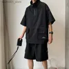 Men's Tracksuits New product shorts mens summer solid color loose T-shirt 2-piece set Japanese outdoor leisure track set mens clothing Q240228
