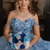 Jasnoniebieski z ramion Pearls Freading Ball Suknia quinceanera sukienki 3D Kwiaty aplikacyjne marszczyki gorset vestidos de 15 anos