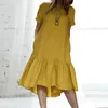 Casual Dresses Women Beach Dress A-line Ruffle Hem Patchwork Women's Summer O Neck Short Sleeves Knee Length