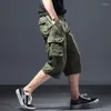 Men's Shorts Cotton Below Knee Length 3/4 Long Tactical Pants Multi Pocket Summer Twill Work Cargo Man