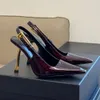 24SSレザーバックルスリングバックポンプ靴スティレットヒールサンダル9cm女性用豪華なデザイナードレススクエアトーイブニングシューズオフィスの女性Womandress Whitedress