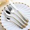 4 pcs set Vintage Western Gold Plated Dinnerware Dinner Fork Knife Set Golden Cutlery Set Stainless Steel Engraving Tableware X070243P