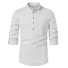Blanc retrousser col Mandarin robe Chemise hommes 2024 marque coton lin Henley affaires chemises décontractées Homme Chemise Homme 240219