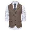 Grijs Visgraat Tweed Pak Vest Mannen Merk Vintage Revers Wolmix Vest Party Business Gilet Kostuum Homme 240228