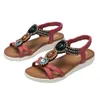 Sandálias Bohemian Estilo Étnico Antiderrapante Frisado Feminino Salto Baixo Flats Open Toe Beach Sandal Shoes Vermelho