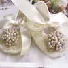 Outdoor Dollbling 2022 Light Yellow Cream Color Satin Laceup Pearls Wholesale Latest Baby Kids Soft Shoes Infant Toddler