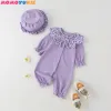 Giubbotti 2022 Primavera Autunno Baby Girl Pagliaccetto Dolce Viola Margherita Collare della bambola Monopetto Manica lunga Pagliaccetti per bambini + cappello Vestiti per bambini 018M