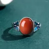 Cluster Rings Oval Cabochon Natural South Red Agate Stone Ring 925 Sterling Silver Double Blue Enamel Butterfly Gemstone Jewelry For Women