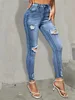 Damen-Jeans, blau, zerrissene Löcher, Röhrenjeans, schmale Passform, hoher Stretchanteil, enge Jeans im Used-Look, Damen-Denim-Jeans-Kleidung