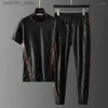 Herrspårar Mens Tracksuits Jacquard European High-End Ribbon Splice Short Sleeve Suit Mens Summer Korean Version Stor storlek Trend Two-Piece Set Q240228