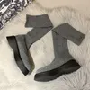 Stövlar över knälåret High Woman Winter Chunky Platform Wedges in Women s långa skor för svart elastisk koreansk