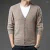 Suéter masculino de malha de lã outono inverno grosso cashmere cardigan masculino único breasted suéter puro com decote em v casaco de malha quente