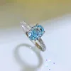 Handmade Ins Sweet Cute Wedding Rings Simple Fine Jewelry Soild 100% 925 Sterling Silver Oval Cut Natural Aquamarine Mosonite Eternity Women Bridal Ring Gift