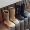 Skor tjejens långa stövlar höstfluga vävda andningsbara trendiga barn mode boot midcalf 2637 svart khaki chunky comfy barn skor