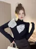 Kvinnors T-skjortor Spring Autumn 2024 Sweet T-shirt Bow Patchwork Cotton Mock Neck Long Sleeve Slim Tops For Women Casual 312