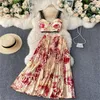 Summer Women Two Piece Dress Sets Sexy Strapless Fashion Dots Print Lace Top And High Waist Pleated Skirt Suit