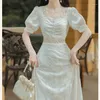 Casual Dresses 2024 Spring Vintage Fairy Midi Dress Women Lace Ruffles Elegant Slim Korean Female Fashion Court Retro Party