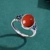 Cluster Rings Oval Cabochon Natural South Red Agate Stone Ring 925 Sterling Silver Double Blue Enamel Butterfly Gemstone Jewelry For Women