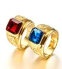 Safira rubi pedras preciosas azul vermelho zircão diamantes anéis para homens 18k tom de ouro aço inoxidável dragão jóias bijoux moda gift6056120