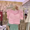 Camiseta feminina gkyocq coreano chique verão tops camisetas gola quadrada manga puff dobras design zíper lateral doce rosa feminino