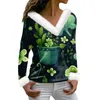 Women's T Shirts Long Sleeved Irish St. Patrick's Day Green Printing Plush V-neck Top Youthful Woman Clothes Female Clothing 2024