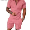 Herrspårar Mens Tracksuits Summer Mens Tracksuit Casual Short Sleeve Zipper Set For Men Clothes Streetwear 2-Piece Suit Malemens Mensmens Q240228