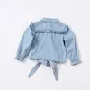 Flickor Autumn Denim Shirts Casual Ruffles Blauses Kids Tie Knot Shirt Toddler Baby Girls Long Sleeve Tops Children Outwear Spring 240219