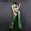 Scena Wear Tancer Team Sexy Gogo Costume Green Leopard Bikini Bell Bottomed Pants Hat Strój Klub nocny DJ piosenkarka Jazz Dance