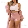 Women's Two Piece Pants Womens Comfortable Knit Pajama Set Crop-top with V-neck Winter Plush Loungewear Casual 3-Piece Set Long Sleeve Shorts Sports T240228