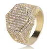 Hip Hop Geometric Hexagon Ring Copper Gold Silver Color Plated Iced Out Micro Pave Cubic Zircon Charm Ring for Men298M