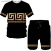 Herrspårar Summer Mens lyxiga guldmönstrade t-shirt/shorts/set retro 3D Tryckt tvådelar uppsättning fashionabla jogging herr street kläder q240228