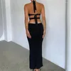 Casual Dresses Puloru Women Sexy Deep V Bodycon Long Dress Sleeveless Backless Tie-up Halter Neck Wrappy Cocktail Party Club Streetwear