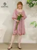 Abiti casual BirdTree 30% vera seta 70% cotone vestito da partito per le donne ricamo manica lanterna fata francese 2024 estate D42728QC