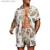 Herrspårar män män hawaiian set sommarband tryckning kort ärm knapp skjorta strand shorts två set casual semester resa 2 bit kostym 230206 Q240228