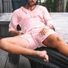 Herrspårsräder 2-stycken/set Mens Summer Cotton Linen Shirt Set Loose Casual Top Short Sleeved Pyjamas bekväma och andningsbara strandshorts Q240228