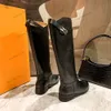 Famous Lady tall jumping boots riding boot in Black leather Knee high with silver lock buckle fittings long booties paris designer pull on flat heel brand logo Shoes