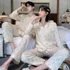 Women's Sleepwear Women Pajama Set Ice Silk Couple Pajamas Pyjamas Pijama Pjs Long Sleeve Shirt Pants Men Homewear Loungewear