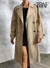 여성용 벨트가있는 트래프-유리 가슴 트렌치 코트 긴 소매 전면 웰트 포켓 암컷 겉옷 세련된 의류 패션 240228