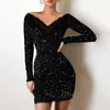 Casual Kleider Mode Glitter Spitze Spleißen Kleid Frauen Sexy V-ausschnitt Mini Slim Robe Langarm Party Vestidos Bodycon Abendkleid