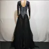 Stage Wear Nightclub Bar Singer Evening Performance Glisten Crystals Black Voile Long Dress Women Party Mesh Sexy Host Costu