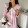 Kadınların Pijama Koreasweet Tweet güzel fırfırlı ince kare boyunlu gece dantel kenarı pamuk keten nefes alabilen uzun kollu elbise gündelik kadınlar