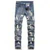 Herr jeans y2k nit lapptäcke rippad smal elastisk blyerts denim byxor casual bomullsbyxor streetwear motorcykel design