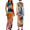 Robes décontractées Femmes Tie Dye Imprimer Robe longue Été Sans manches Tricot Stretch Maxi Femme Sexy Bodycon Cuisse Split Sundress Tenues