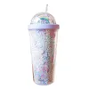 Gobelets en plastique réutilisables, décor arc-en-ciel, 2 couches, 550ml, pour eau, smoothie, café