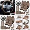 Housses de siège de voiture Siège d'auto ERS 15pcs Leopard Print ER Kit Coussinets de ceinture de volant Coasters Coussin d'accoudoir et porte-clés Drop Livraison Autom Dhftu