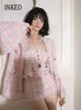 Luxury Women Tweed 3 piece set Flare sleeve blazer corset top Shorts Spring Elegant Pockets Vneck jacket Pink INKEO 3O296 240226