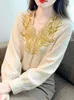 Women's Blouses Early Autumn Long Sleeve Chiffon Shirt for Women 2024 High-grade Temperament V-neck Hine Embroidery and Top Blusa