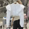 Blouses Femmes Blanc Femmes Tops Mode Col Montant À Manches Longues À Manches Longues Volants Chemises Douces 2024 Blusas Mujer De Moda Chemisier Causal Coréen